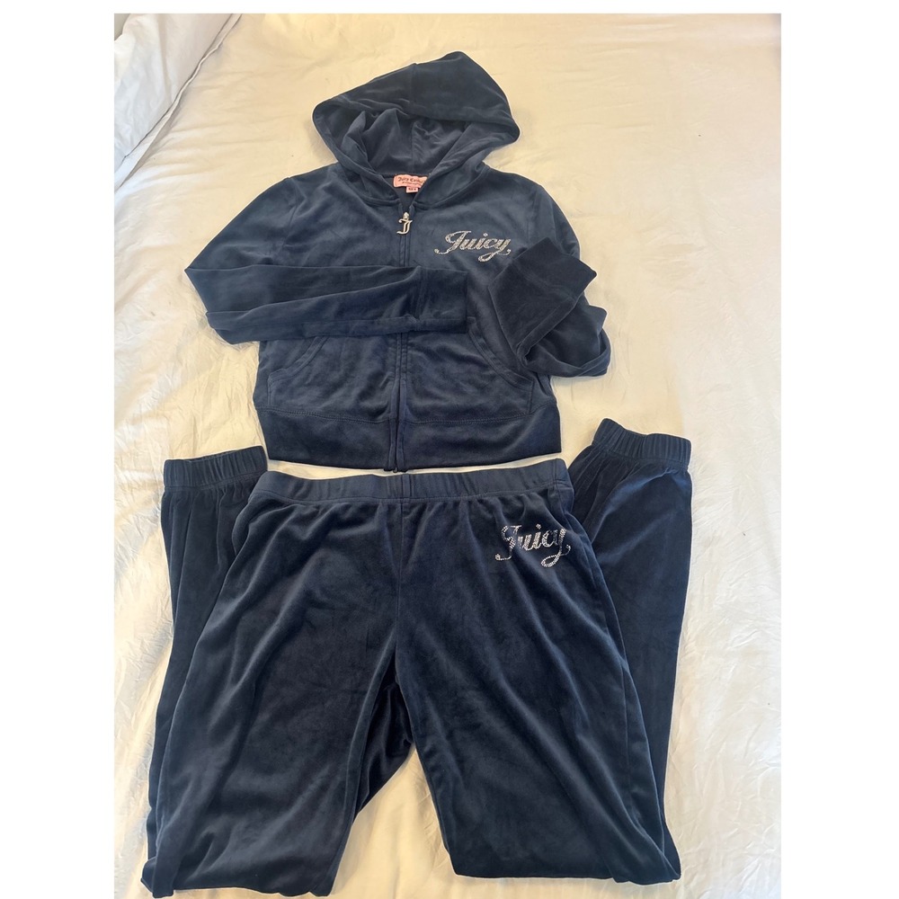 Juicy Couture Navy Blue Velour Tracksuit Set Rhinestone Logo Hoodie Pants Small
